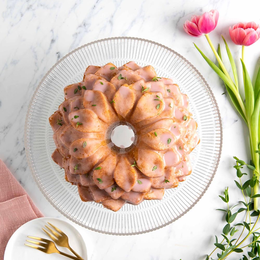 Nordic Ware baked cake removed from pan with defined petals for impressive presentation