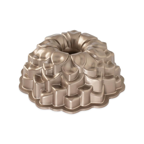 Nordic Ware front view of Blossom Bundt Pan showing toffee color and shape for attractive baking