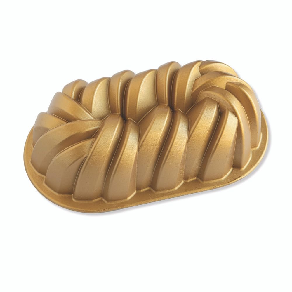 Nordic Ware front view of gold braided loaf pan showing shape and finish benefits