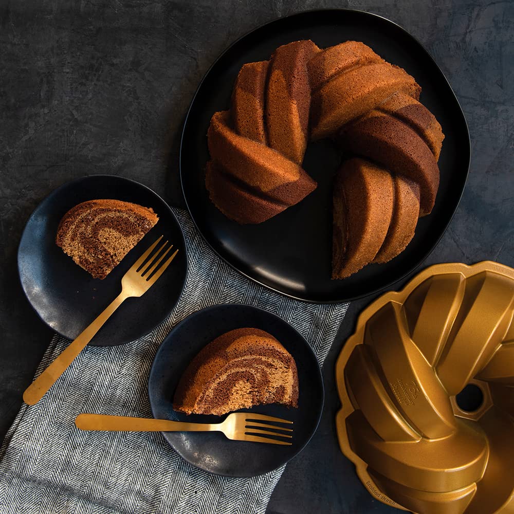 Nordic Ware cake unmolded from pan showing effortless release