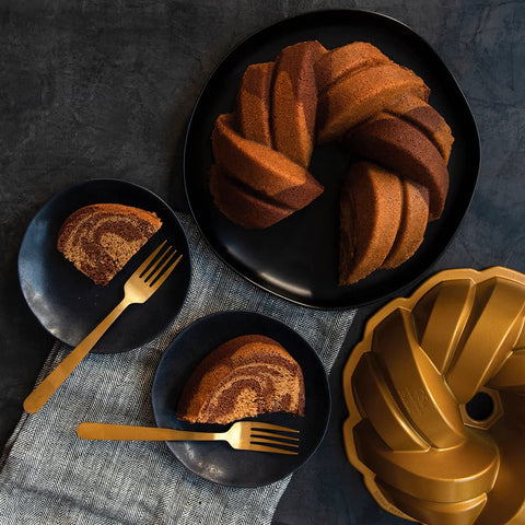 Nordic Ware cake unmolded from pan showing effortless release