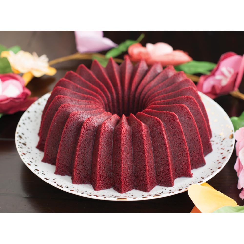 Nordic Ware bundt cake unmolded from pan showing easy release and intact decorative ridges