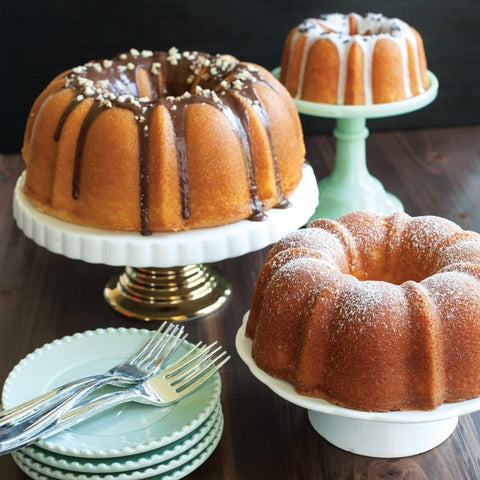 Nordic Ware 6-cup Bundt pan with plated slice illustrating portion size and attractive bundt shape