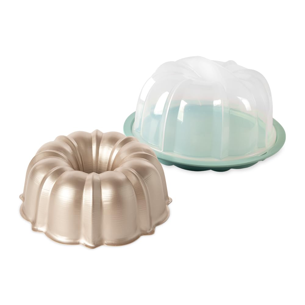 Nordic Ware bundt front view showing golden hour finish and even baking