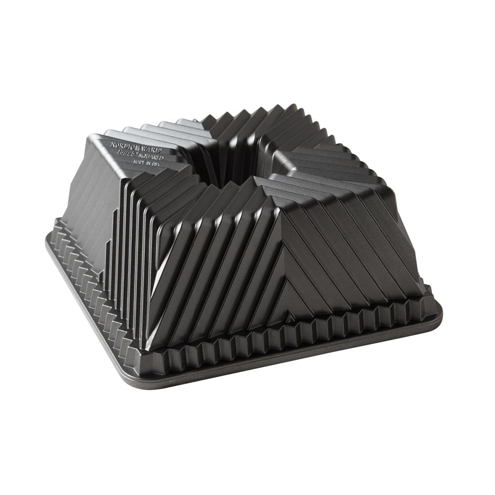 Nordic Ware front view of square Bundt pan showing shape and graphite finish for precise cakes