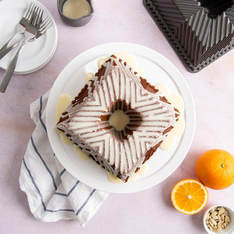 Nordic Ware top view of baked square Bundt cake demonstrating even browning and presentation