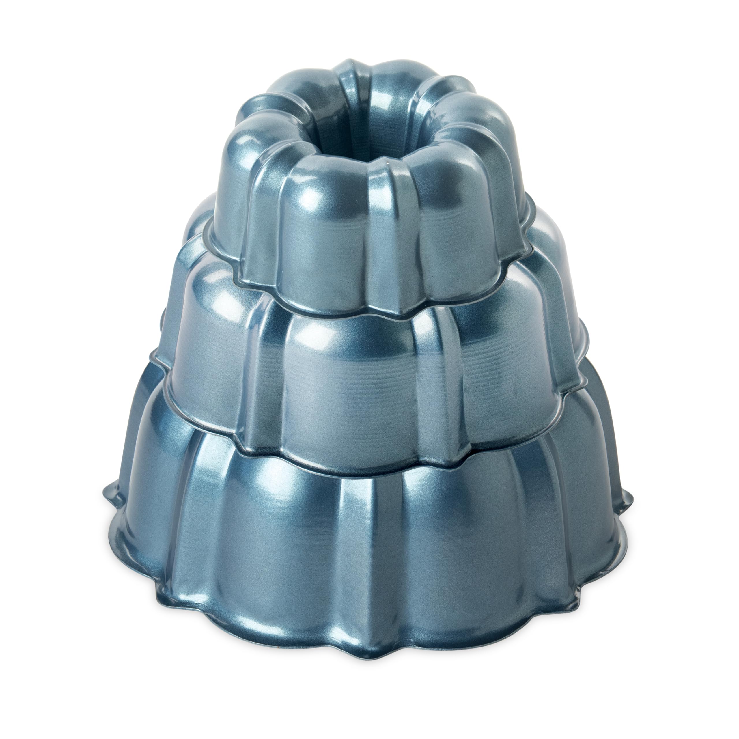 Nordic Ware three-size Bundt set front view showing Twilight Blue finish and shapes for versatile baking