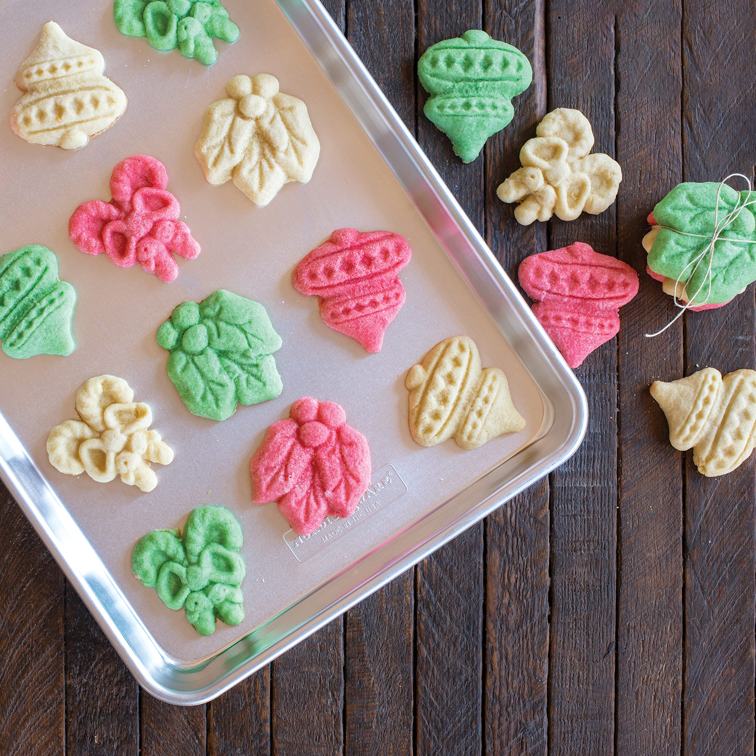 Close-up of Nordic Ware stamp engraving highlighting fine detail for crisp cookie impressions