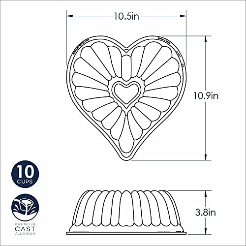 Nordic Ware Elegant Heart Bundt with baked heart cake in pan shows easy unmolding and presentation