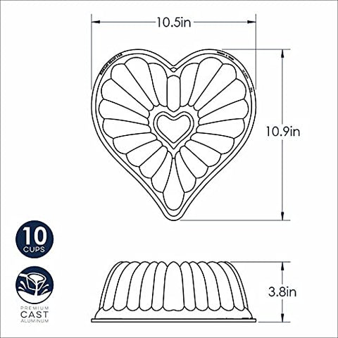 Nordic Ware Elegant Heart Bundt with baked heart cake in pan shows easy unmolding and presentation