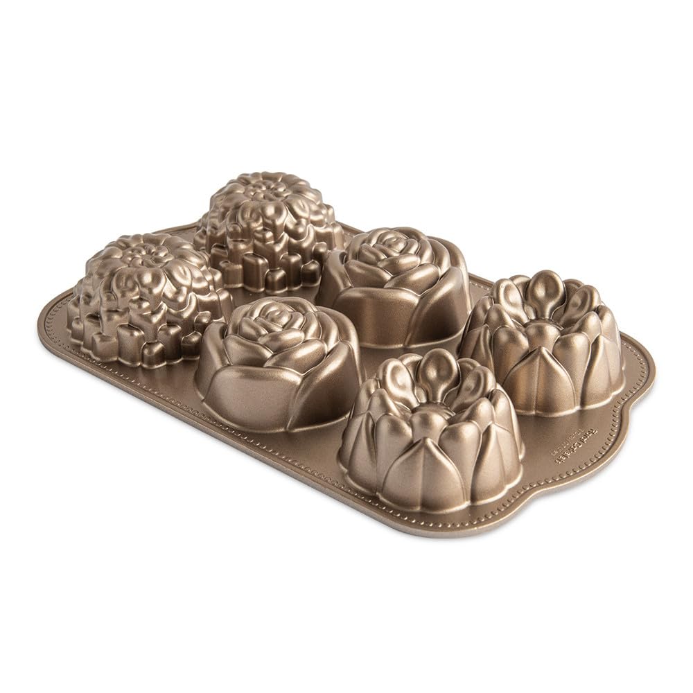 Nordic Ware front view of toffee floral cakelet pan showing six cavities and shape benefit