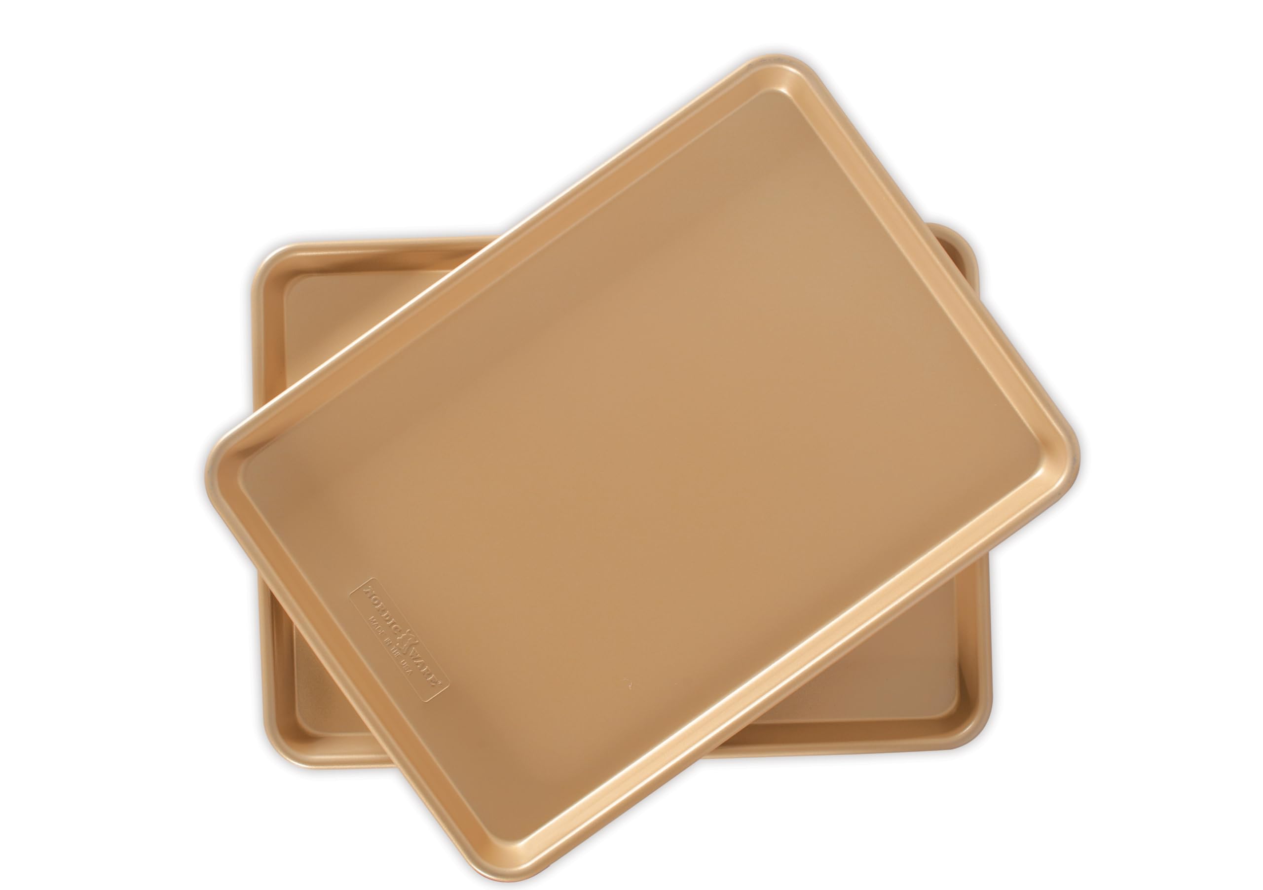 Nordic Ware front view of two half-sheet pans showing packaging and size, durable baking solution