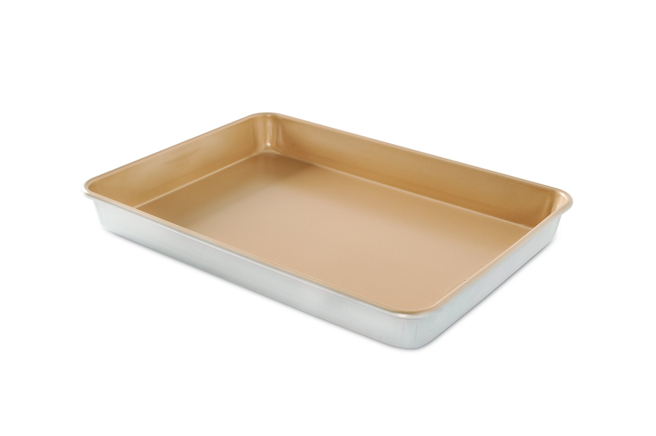 Nordic Ware front view of full sheet cake pan showing size and finish benefit even baking