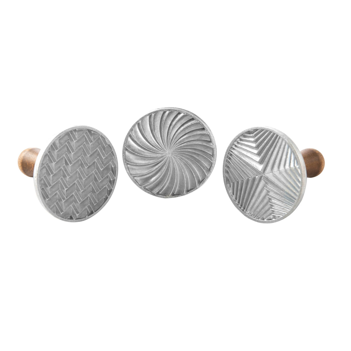 Nordic Ware stamp front view showing three geometric patterns for clean designs