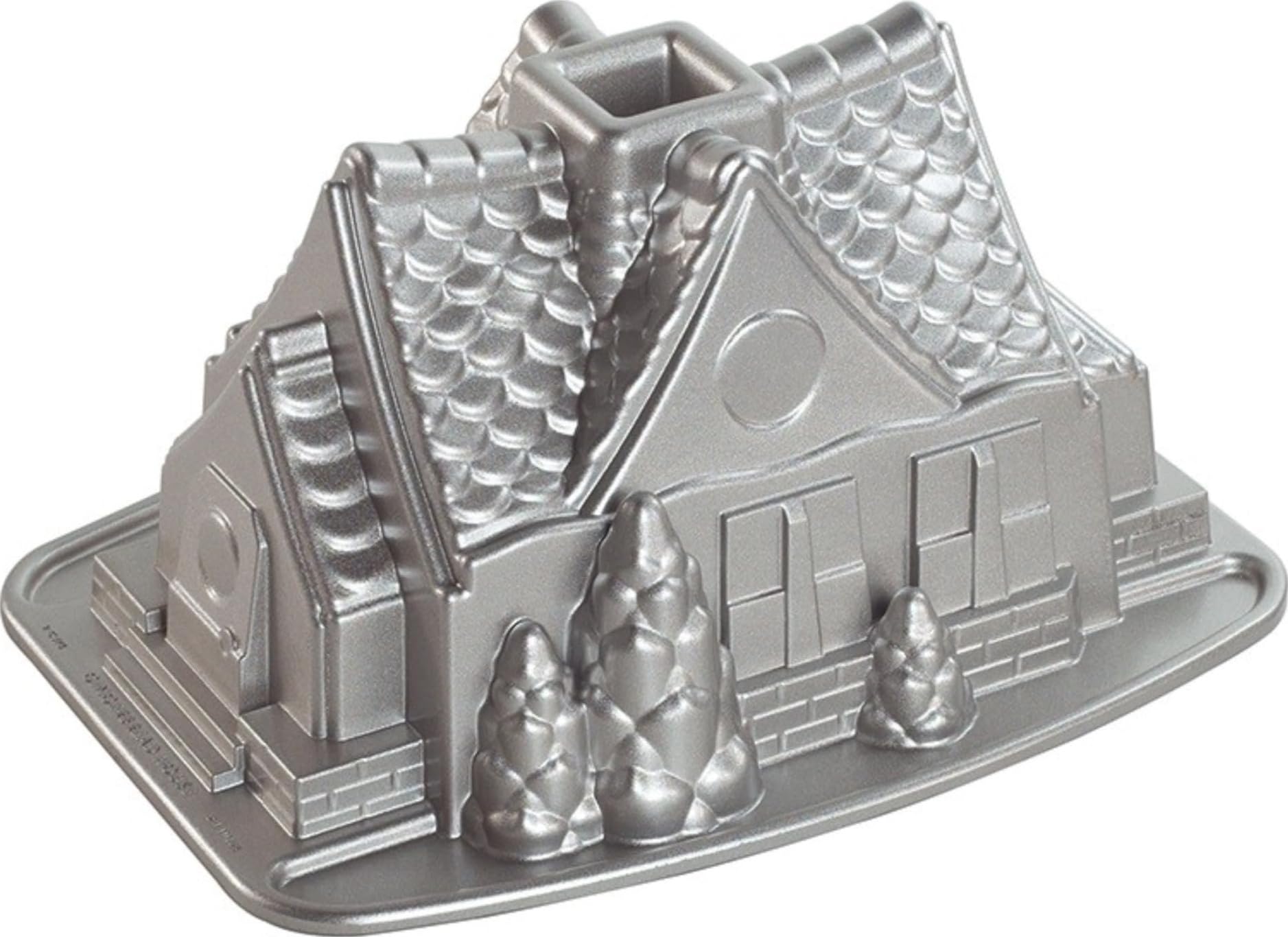 Nordic Ware front view showing house cake details and festive benefit