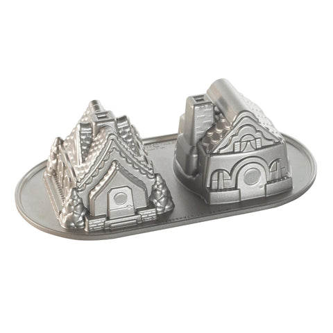 Nordic Ware front view of duet pan showing house silhouette for clean releases