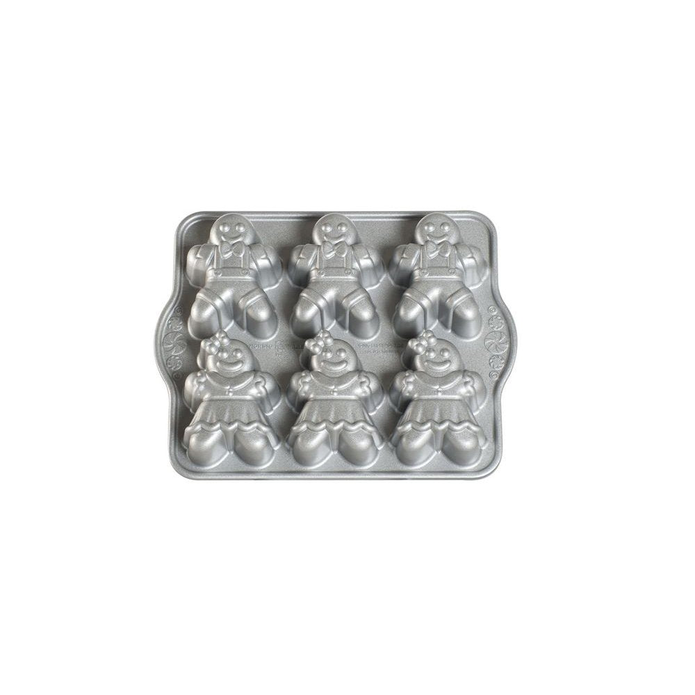 Nordic Ware pan front view showing six detailed gingerbread molds for consistent baking