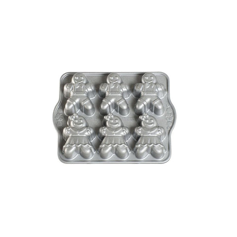 Nordic Ware pan front view showing six detailed gingerbread molds for consistent baking
