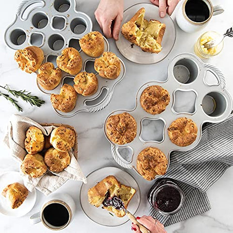 Nordic Ware pan on countertop with golden popovers illustrating even browning