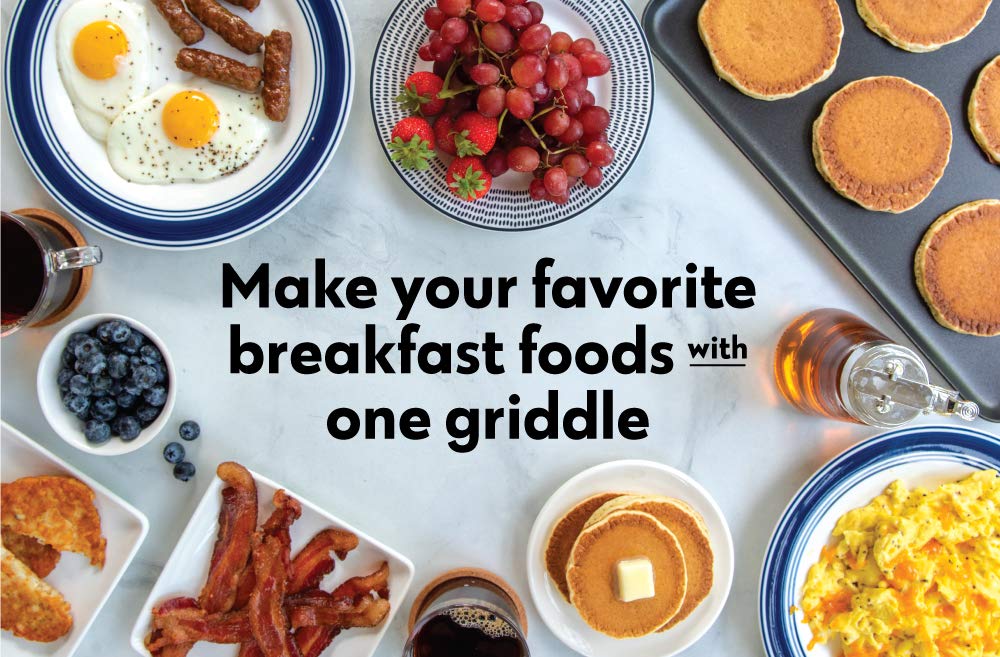 Nordic Ware griddle on stovetop cooking pancakes and eggs, ideal for large family breakfasts