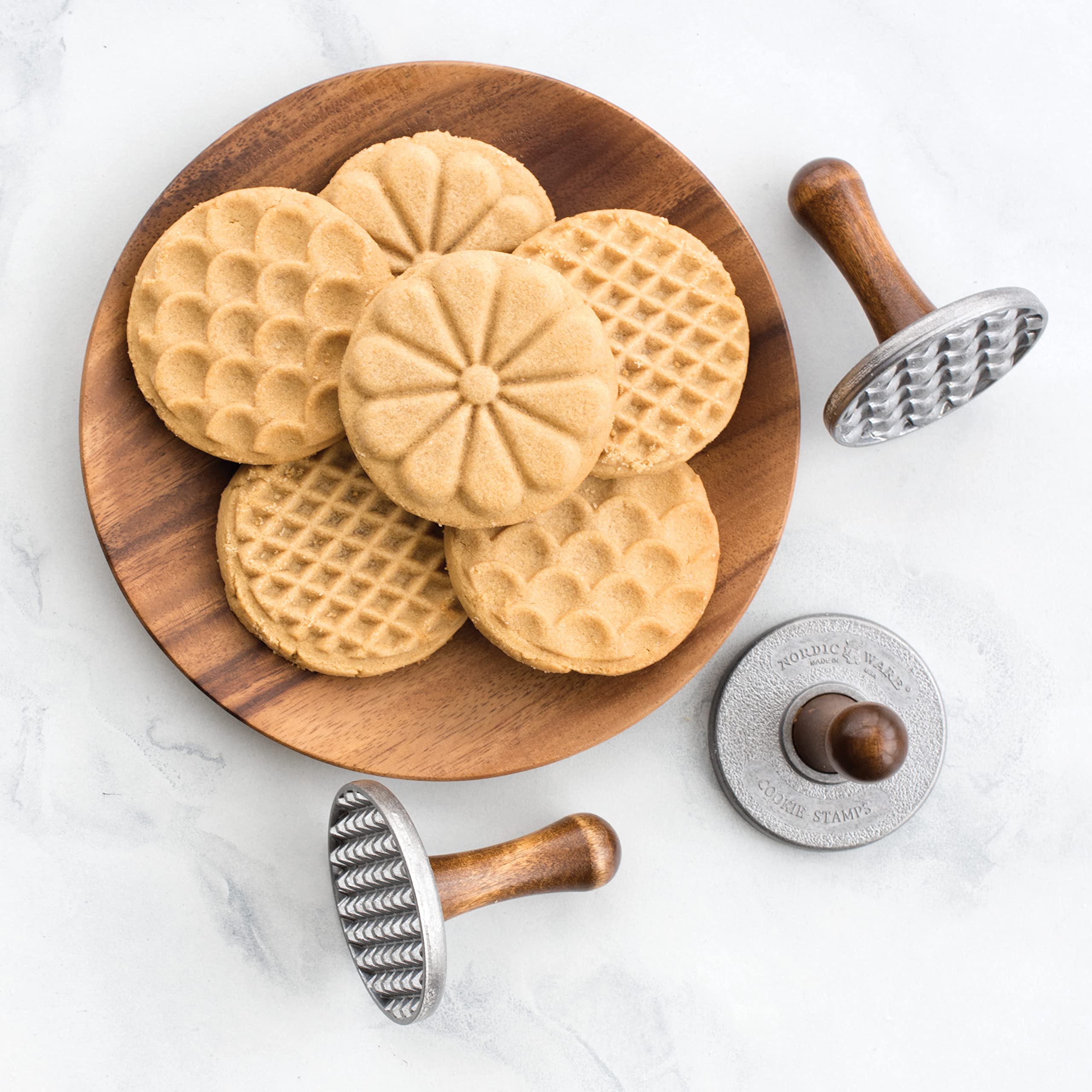 Nordic Ware detailed close-up of stamped pattern showing crisp embossed cookie surface benefit