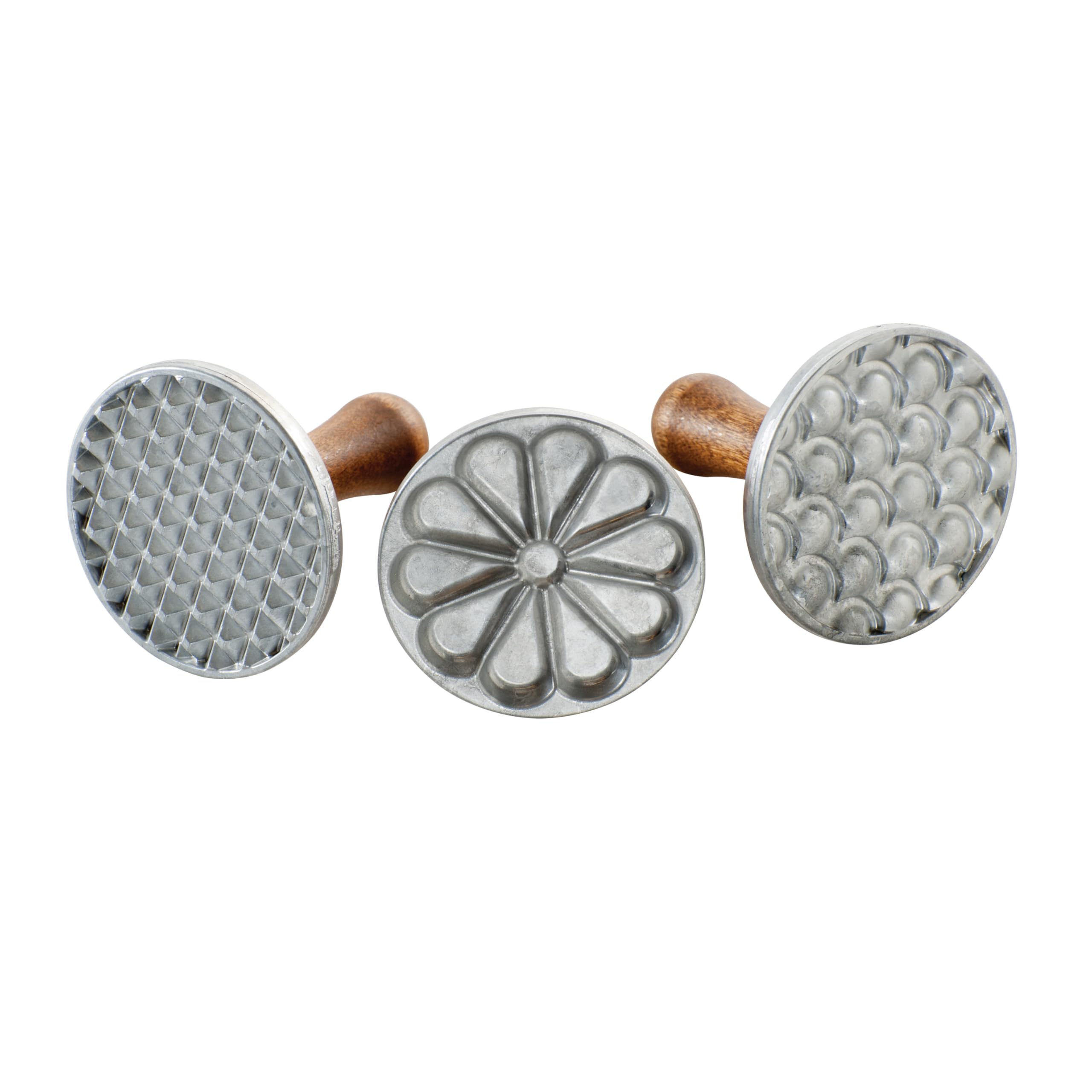 Nordic Ware front view of three cast-aluminum cookie stamps showing designs and handles, durable results