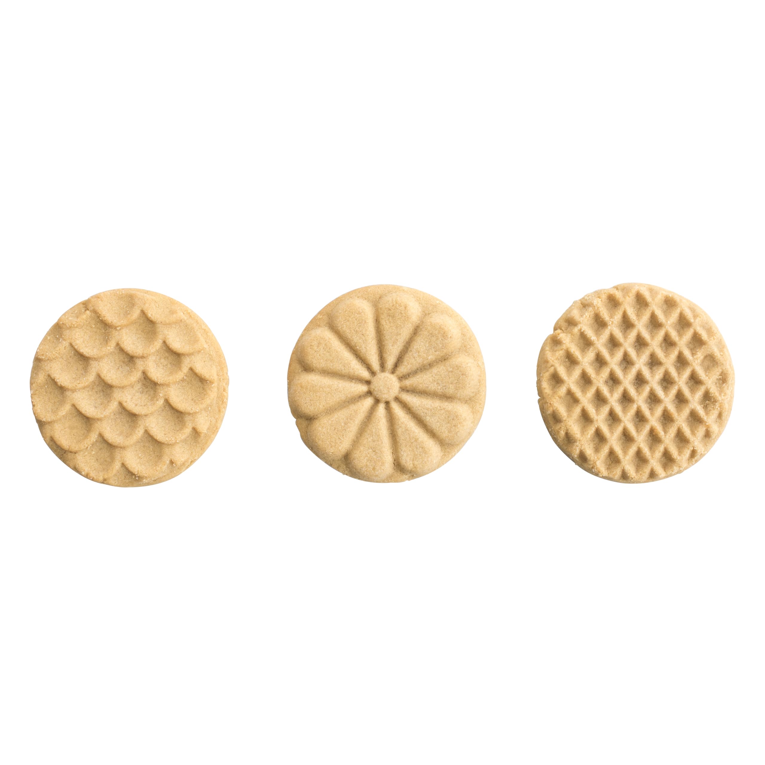 Nordic Ware cookie stamp in use pressing into dough for fast consistent decorative cookies
