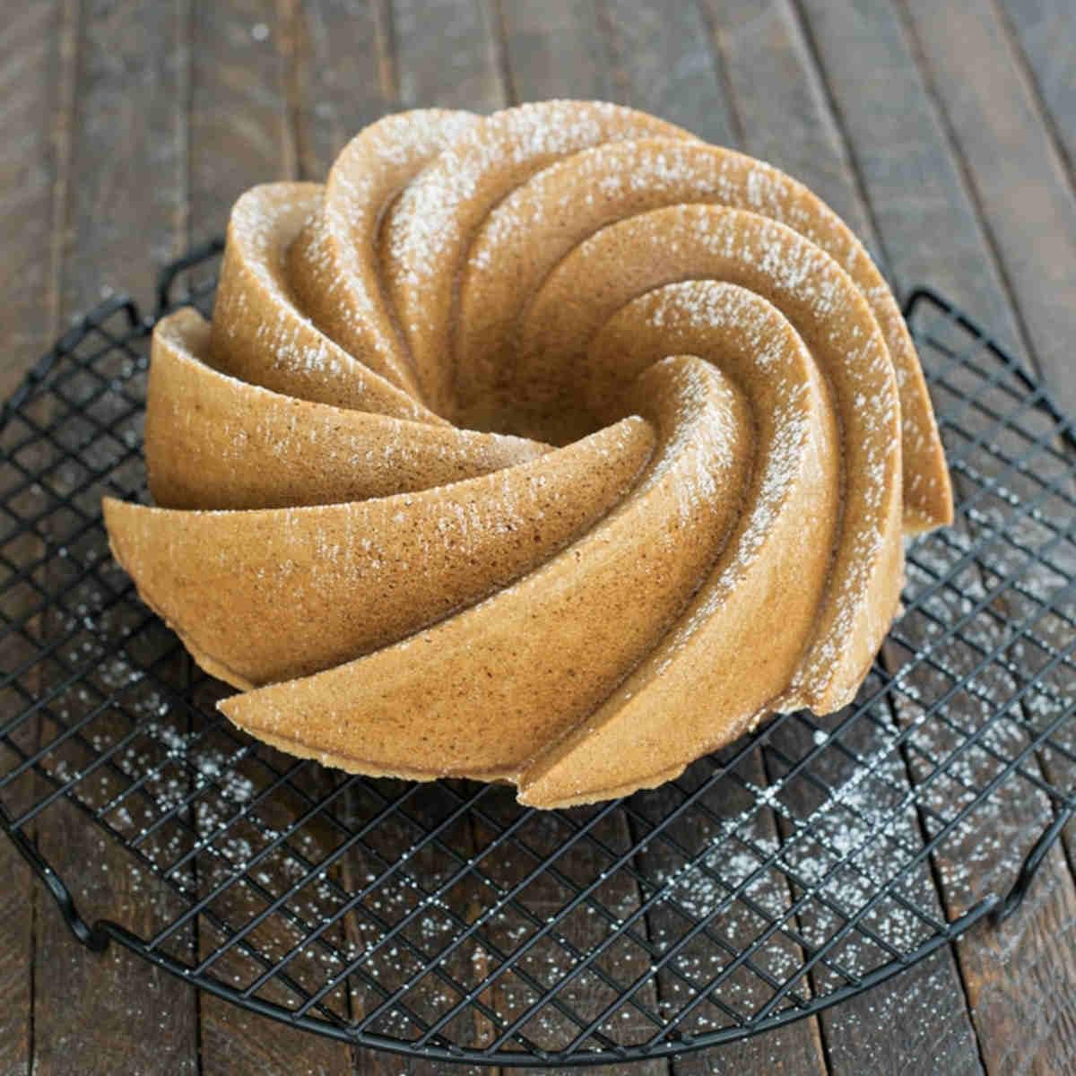 Nordic Ware Heritage Bundt Pan close-up of swirl detail and silicone nonstick surface for crisp cake definition