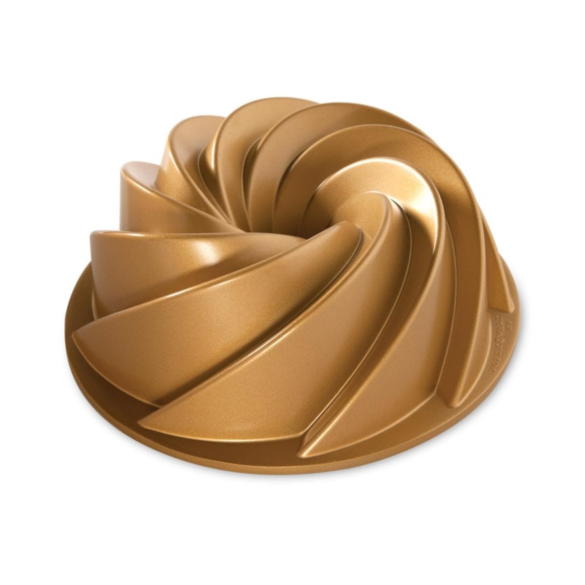 Nordic Ware Heritage Bundt Pan front view showing gold finish and clear swirl pattern, elegant presentation benefit