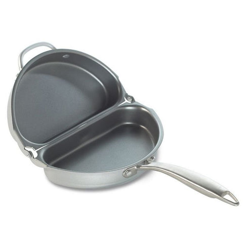 Nordic Ware front view of pan showing dual halves and handles, easy flipping
