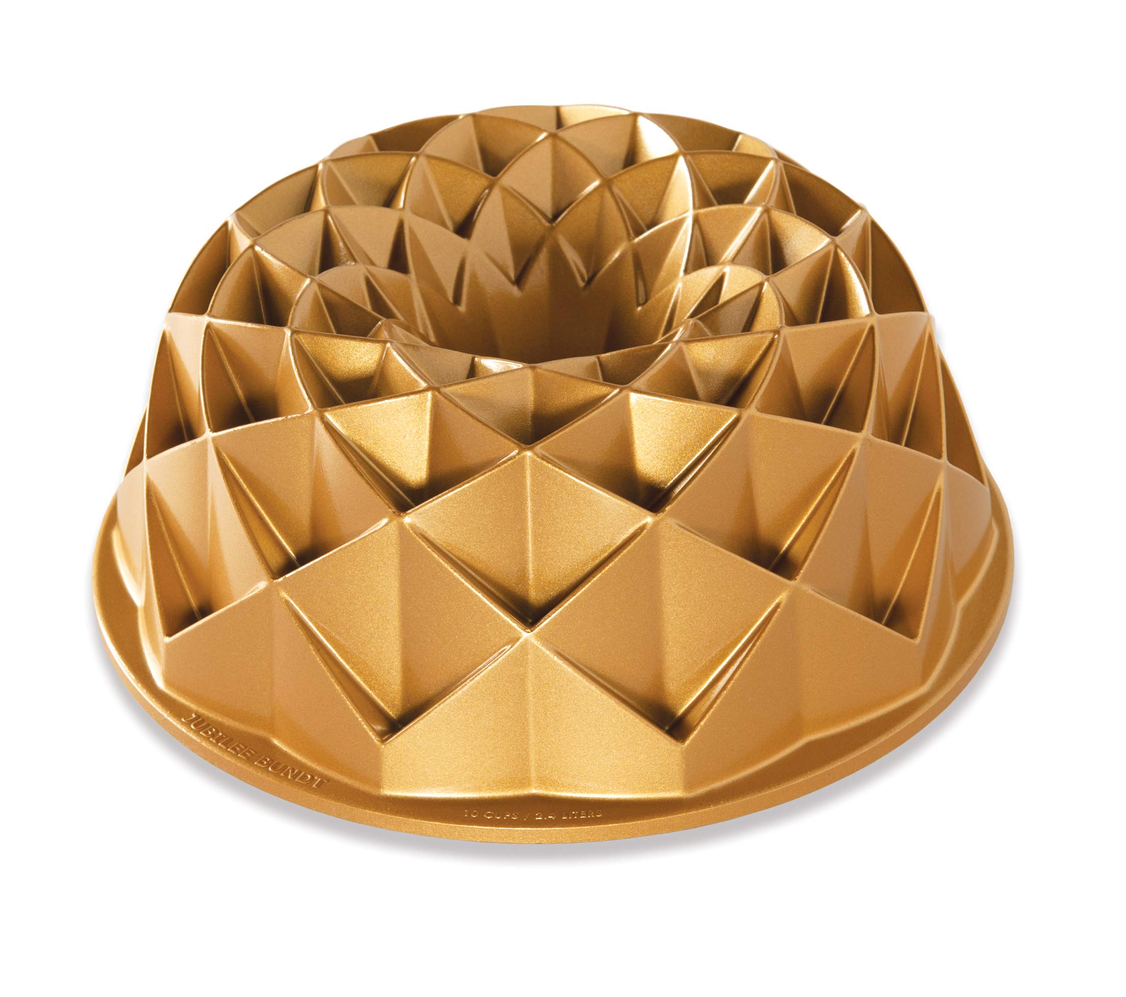 Nordic Ware Jubilee Bundt front view shows ornate design and even browning