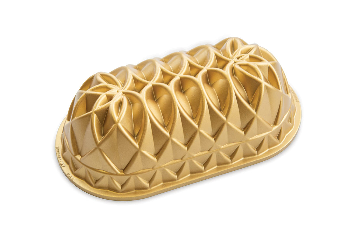 Nordic Ware loaf pan front view showing compact gold design and durable build