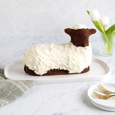 Nordic Ware assembled lamb cake joined with frosting ready for decorating centerpiece