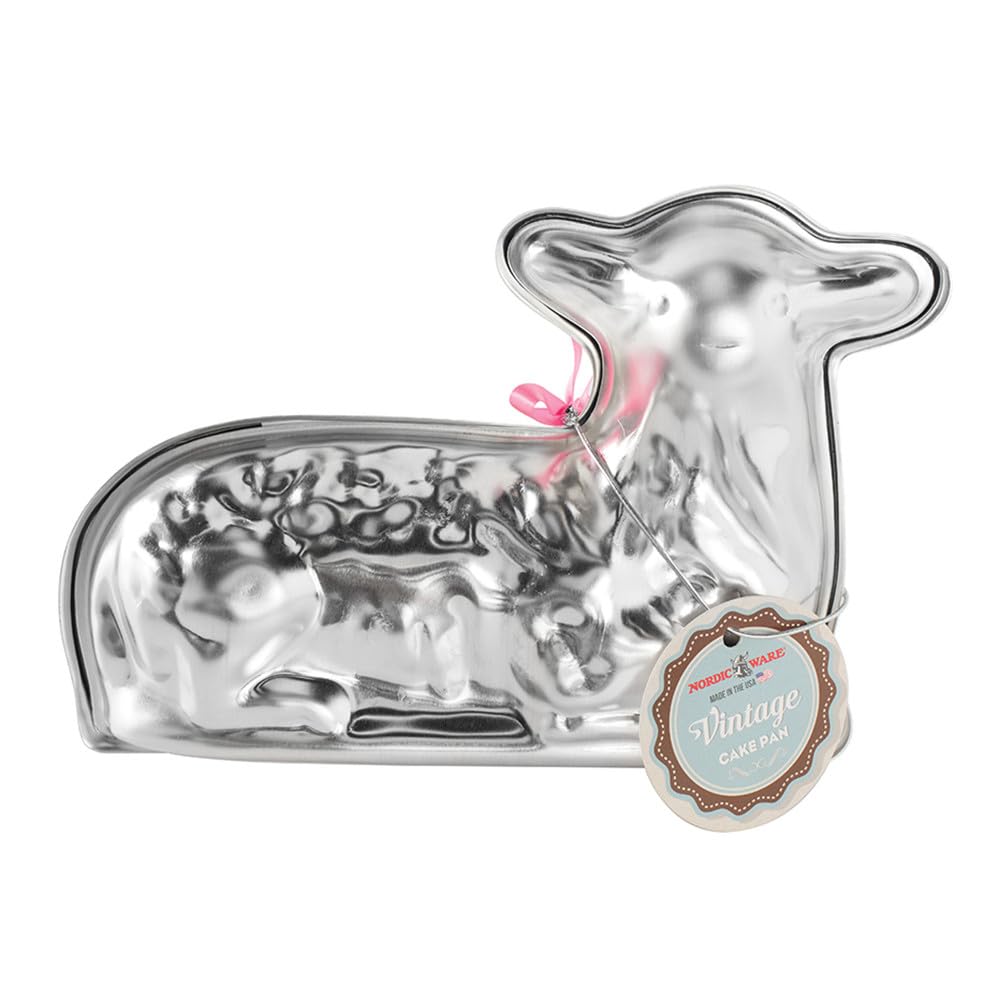 Nordic Ware front view of two-piece lamb cake pan showing shape and fit for easy assembly