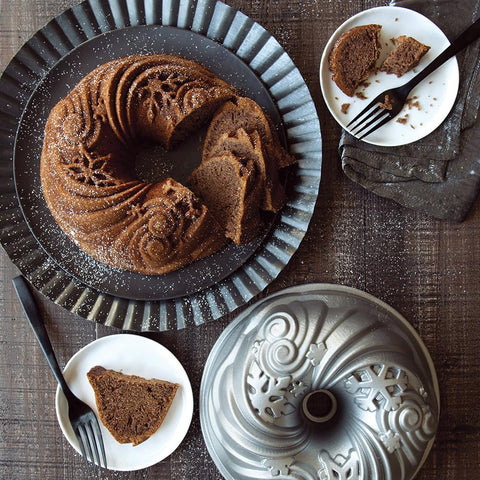 Nordic Ware cake unmolded from pan displaying defined ridges and showy presentation