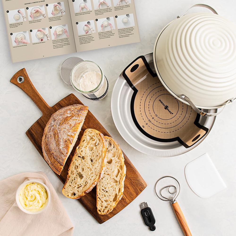 Nordic Ware lid lined with cotton towel proofing dough, showing neat rise and easy transfer