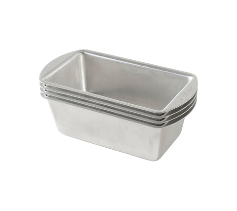 Nordic Ware front view of four mini loaf pans showing clean edges and capacity benefit