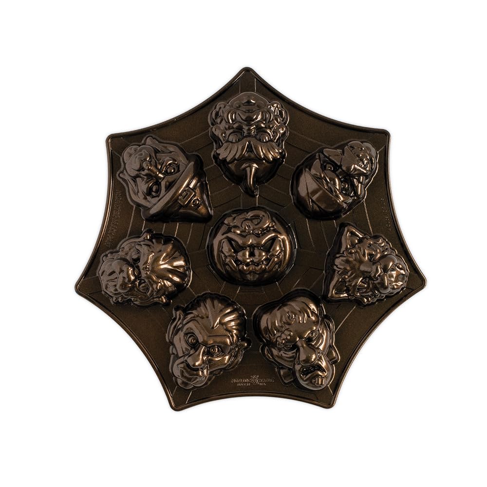 Nordic Ware pan front view showing eight monster face cavities for fun baking