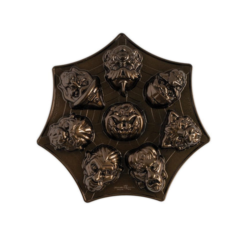 Nordic Ware pan front view showing eight monster face cavities for fun baking