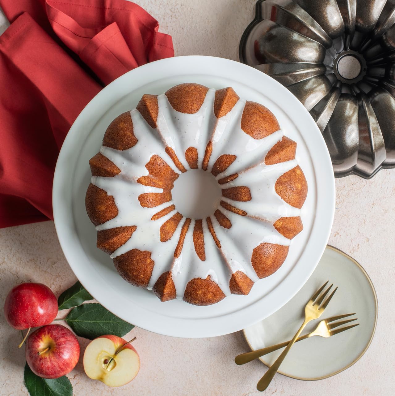Nordic Ware inverted finished Bundt cake showing clean release and defined ridges