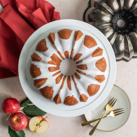 Nordic Ware inverted finished Bundt cake showing clean release and defined ridges