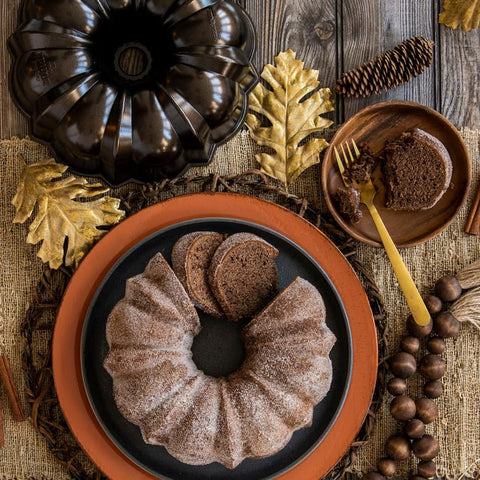 Nordic Ware pan in use with poured batter illustrating ease of filling and baking