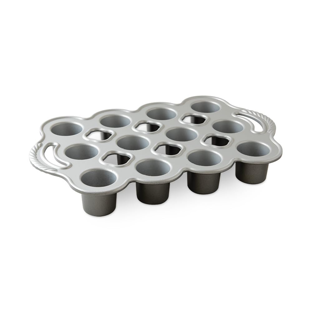 Nordic Ware front view of petite popover pan showing 12 cavities and silver finish for even baking