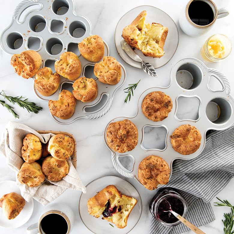 Nordic Ware pan in oven with rising popovers demonstrating reliable heat distribution
