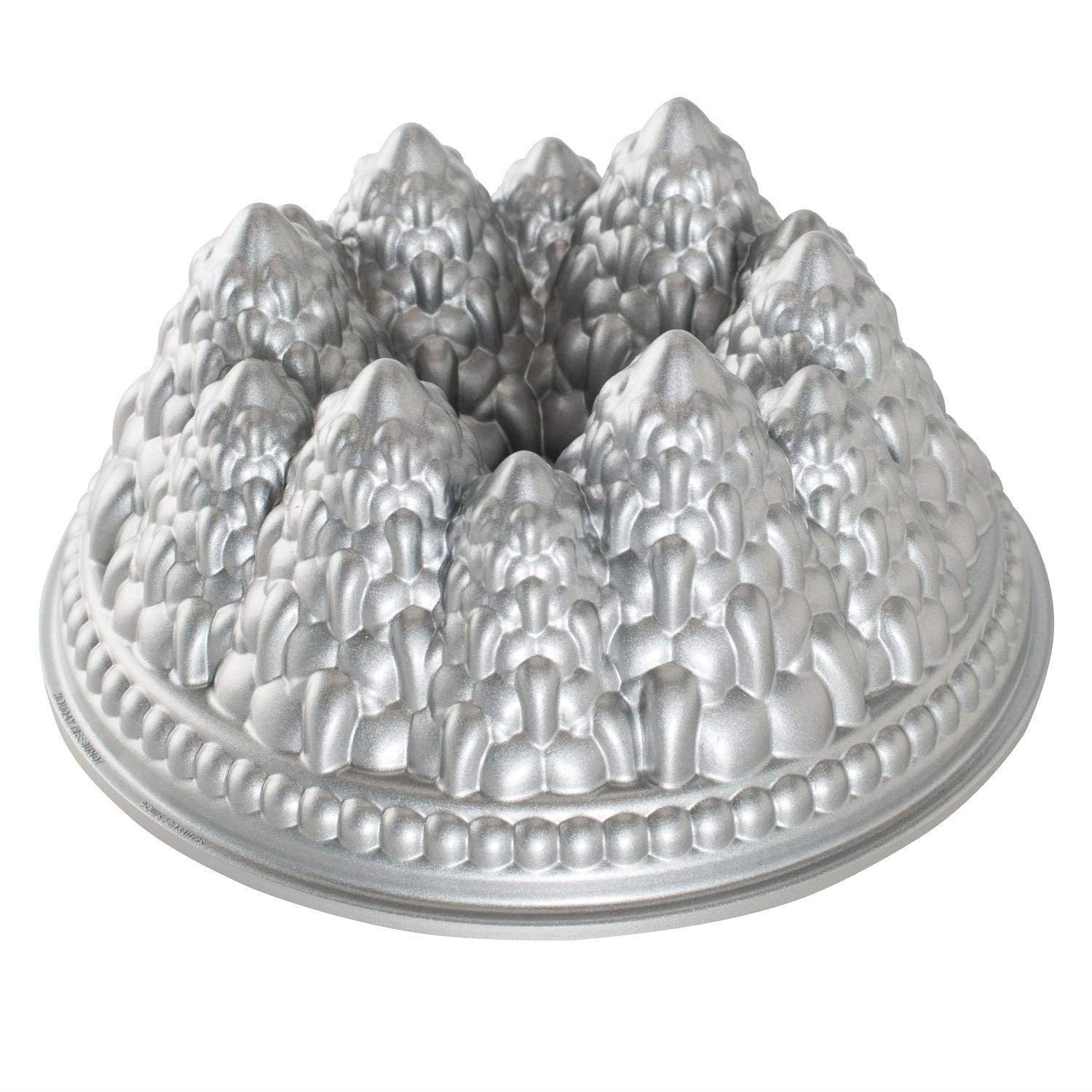 Nordic Ware front view of Pine Forest pan showing full mold and sparkle finish, highlights design