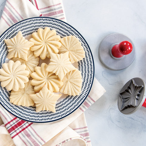 Nordic Ware aluminum stamp detail showing intricate pleated relief, creating crisp cookie impressions