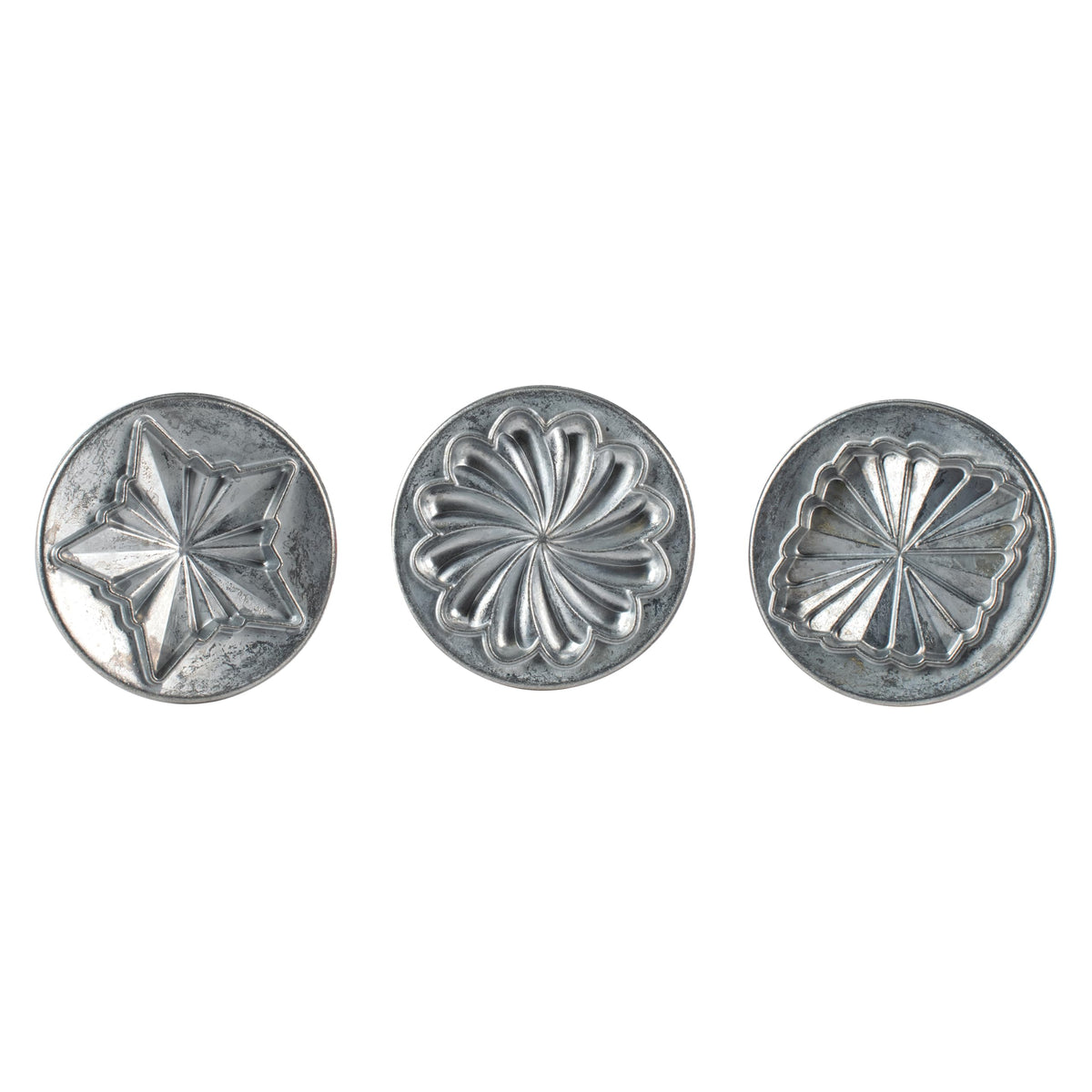 Nordic Ware front view of three silver stamps, showing elegant pleated designs and wooden handles for consistent embossing