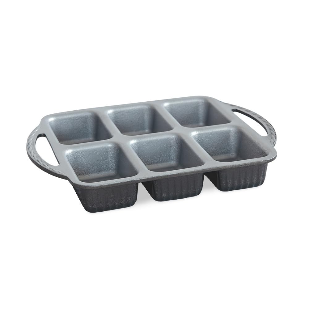 Nordic Ware Procast front view showing six-cavity pan and nonstick benefit