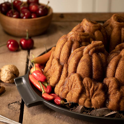 Nordic Ware unmolded pumpkin Bundt cake displaying crisp design and easy release