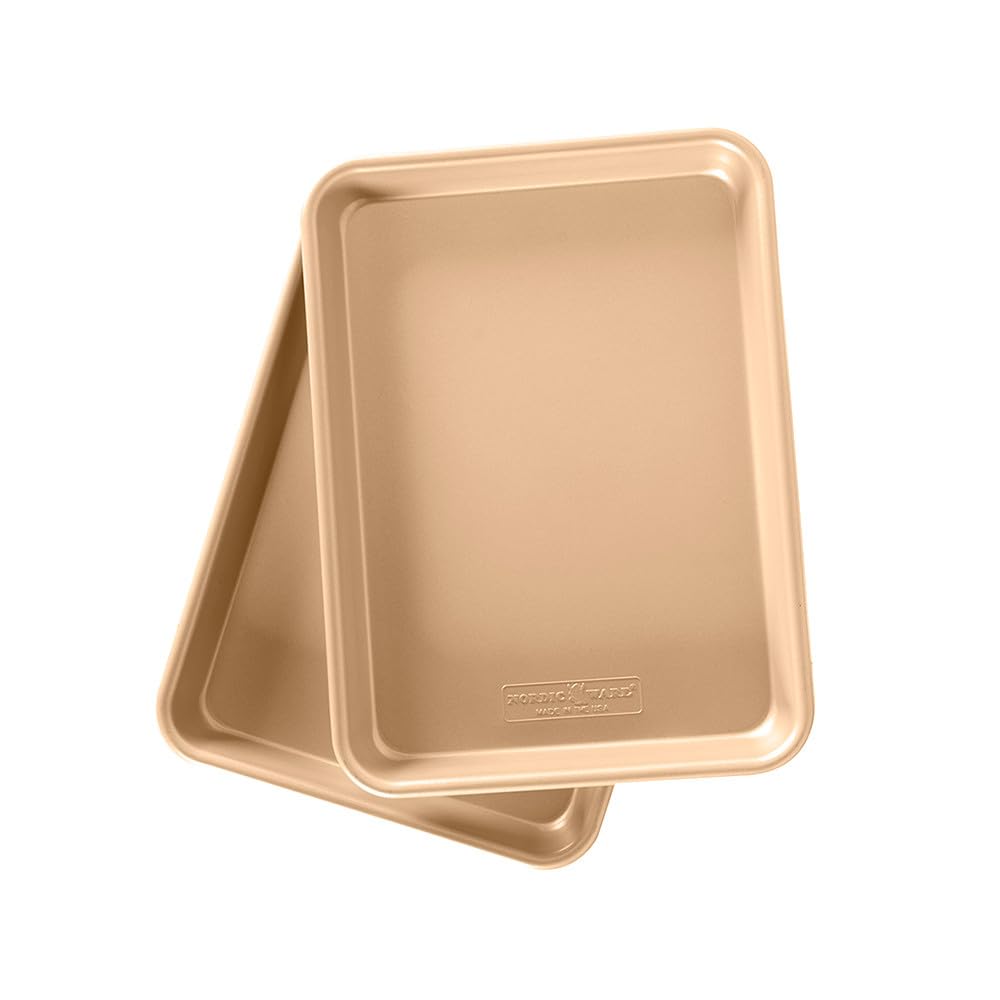 Nordic Ware quarter sheet front packaging showing two pans and brand benefit